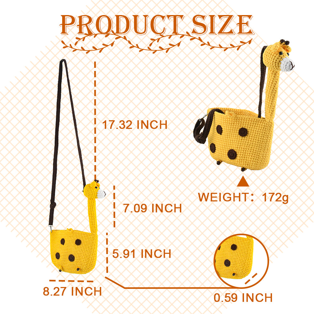 Yellow handwoven cartoon backpack made of soft knit fabric, featuring brown dot accents, a brown strap, and a cute animal-shaped zipper design.