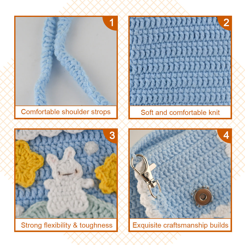 Handmade crochet phone crossbody bag in baby blue with white bunny on mint cloud applique and yellow stars, featuring scalloped white trim and braided strap