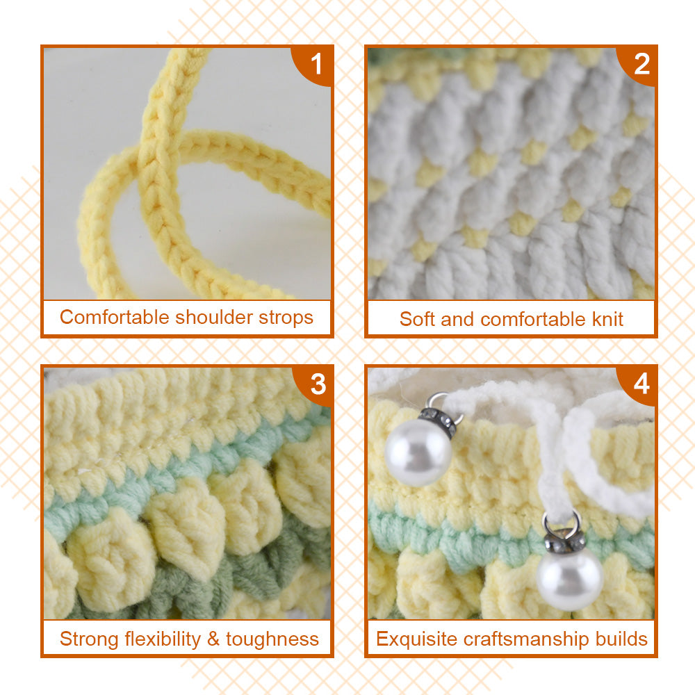 Handmade crochet bucket bag in white and yellow with pearl details, drawstring closure and adjustable shoulder strap