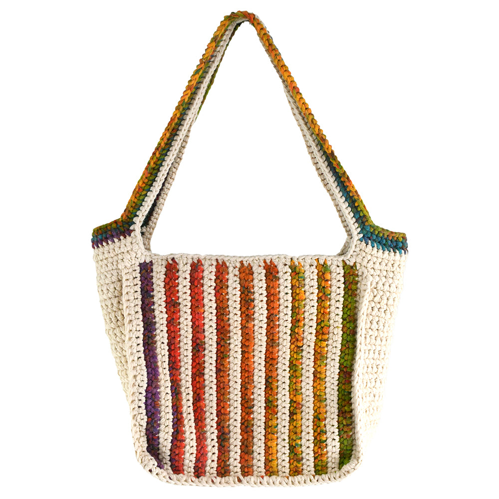 Handmade crochet tote bag featuring a natural cream base with colorful rainbow stripes. The bag has a spacious design with matching rainbow-accented shoulder straps, perfect for casual outings, shopping, or beach trips