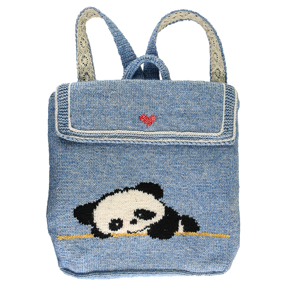 Hand-knitted blue panda backpack with a cute panda design lying on a branch and a small red heart embroidered on the flap. Lightweight and perfect for casual use.