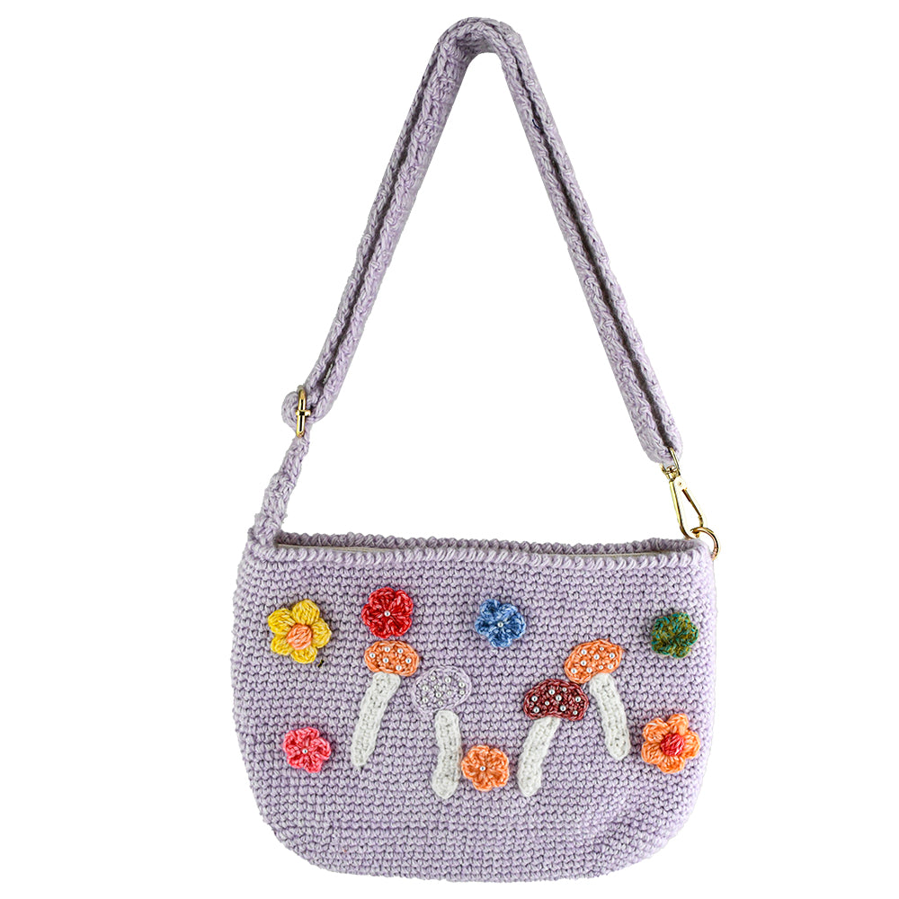 Handmade lavender crochet shoulder bag decorated with colorful mushrooms and flowers. Lightweight, eco-friendly, and perfect for daily use or travel.