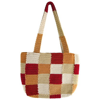 Handcrafted crochet tote bag with a checkered pattern in warm tones of red, beige, orange, and cream. Lightweight, durable, and spacious, perfect for daily use or shopping trips.