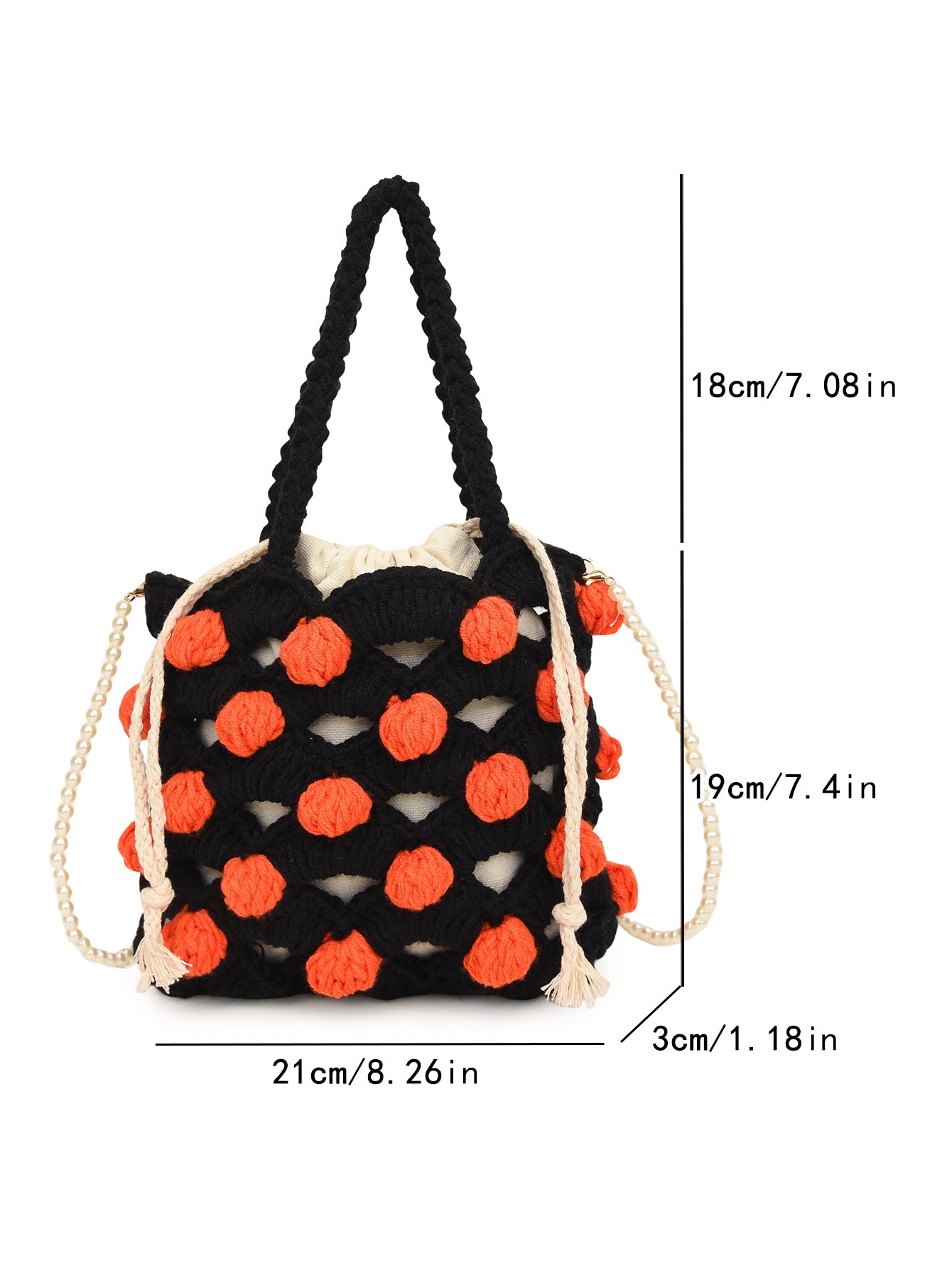 Black and orange handmade woven handbag with pearl decoration.

