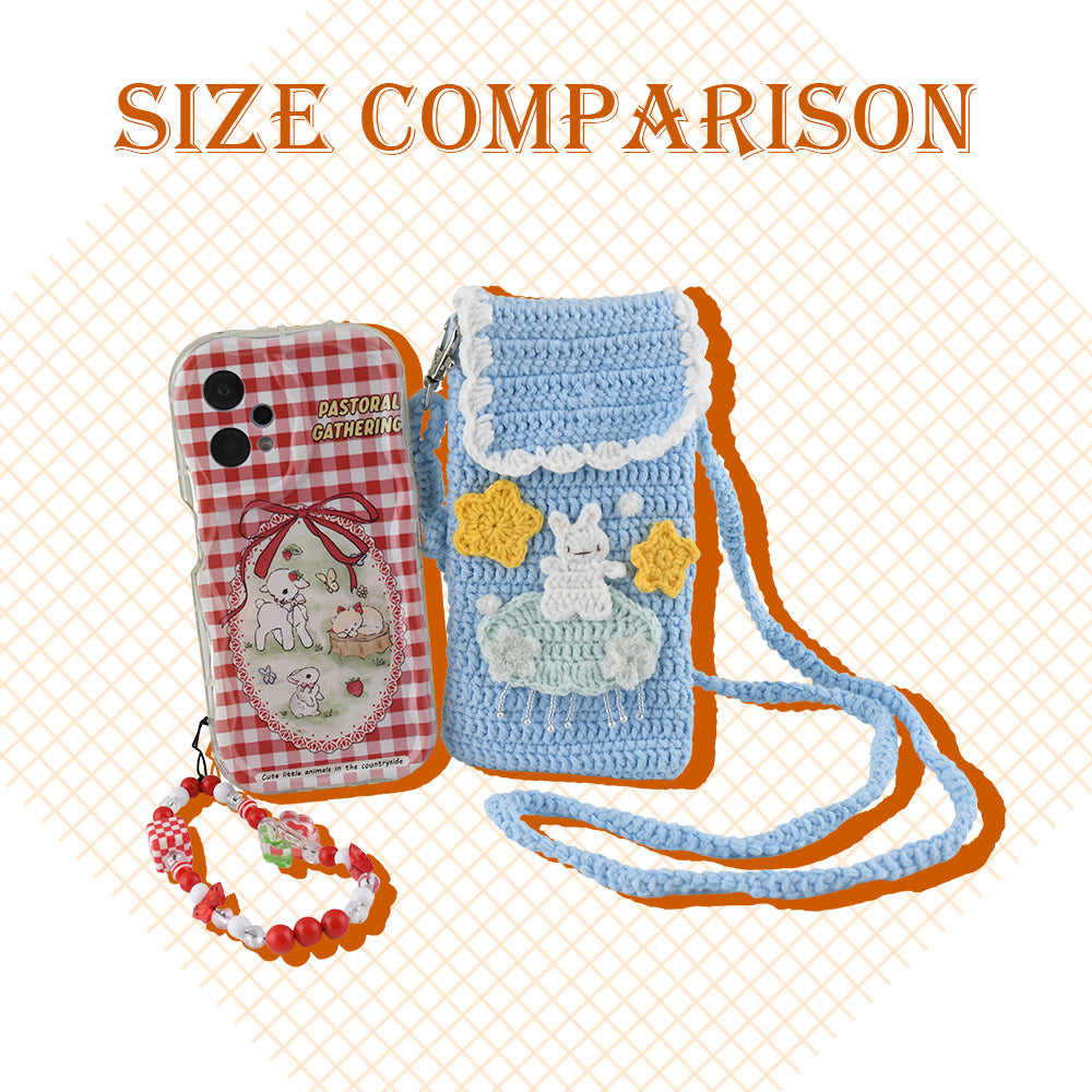 Handmade crochet phone crossbody bag in baby blue with white bunny on mint cloud applique and yellow stars, featuring scalloped white trim and braided strap
