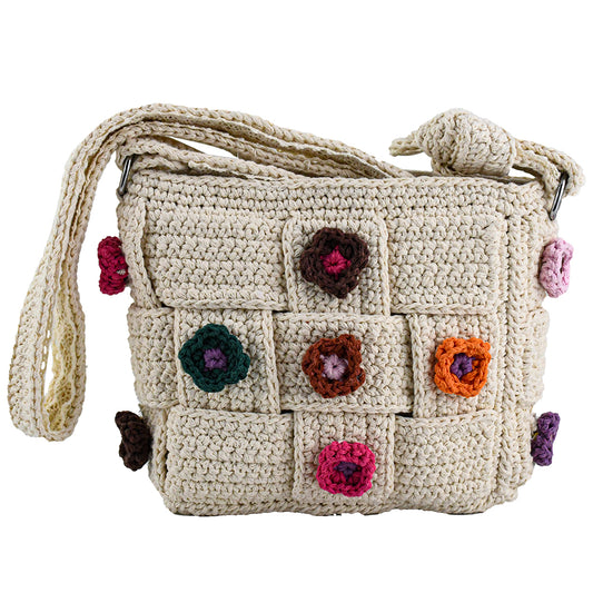 Handmade crochet shoulder bag with beige base and colorful floral accents, featuring a woven adjustable strap and a unique patchwork design. Lightweight and perfect for casual outings or daily use.