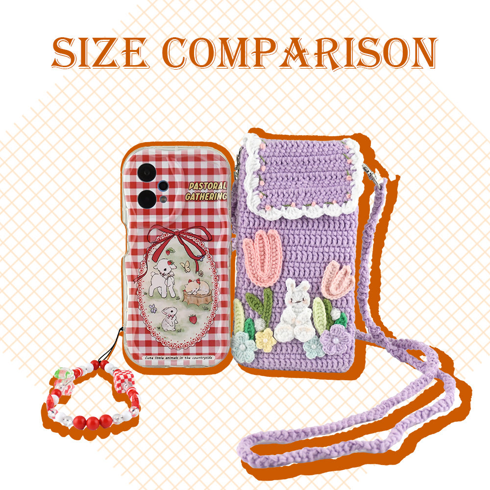 Purple crochet phone pouch with pink tulips, white bunny, and pastel flowers, featuring braided shoulder strap
