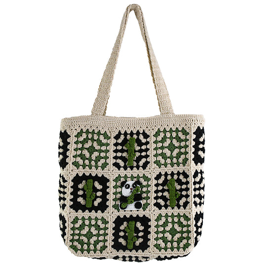 Handmade crochet patchwork bag with a beige, green, and black design. Features a cute panda and bamboo pattern in the center, vintage style, lightweight, and practical for shopping, travel, or daily use.