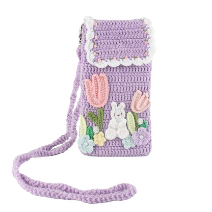 Purple crochet phone pouch with pink tulips, white bunny, and pastel flowers, featuring braided shoulder strap
