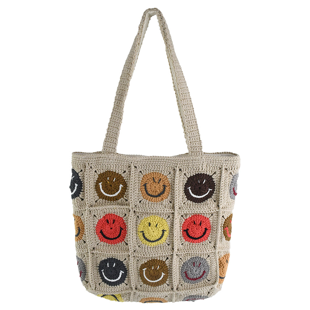 Handmade crochet tote bag with colorful smiley face patterns, featuring a beige base and sturdy knitted straps. Lightweight and spacious, perfect for casual outings, shopping, or daily use.