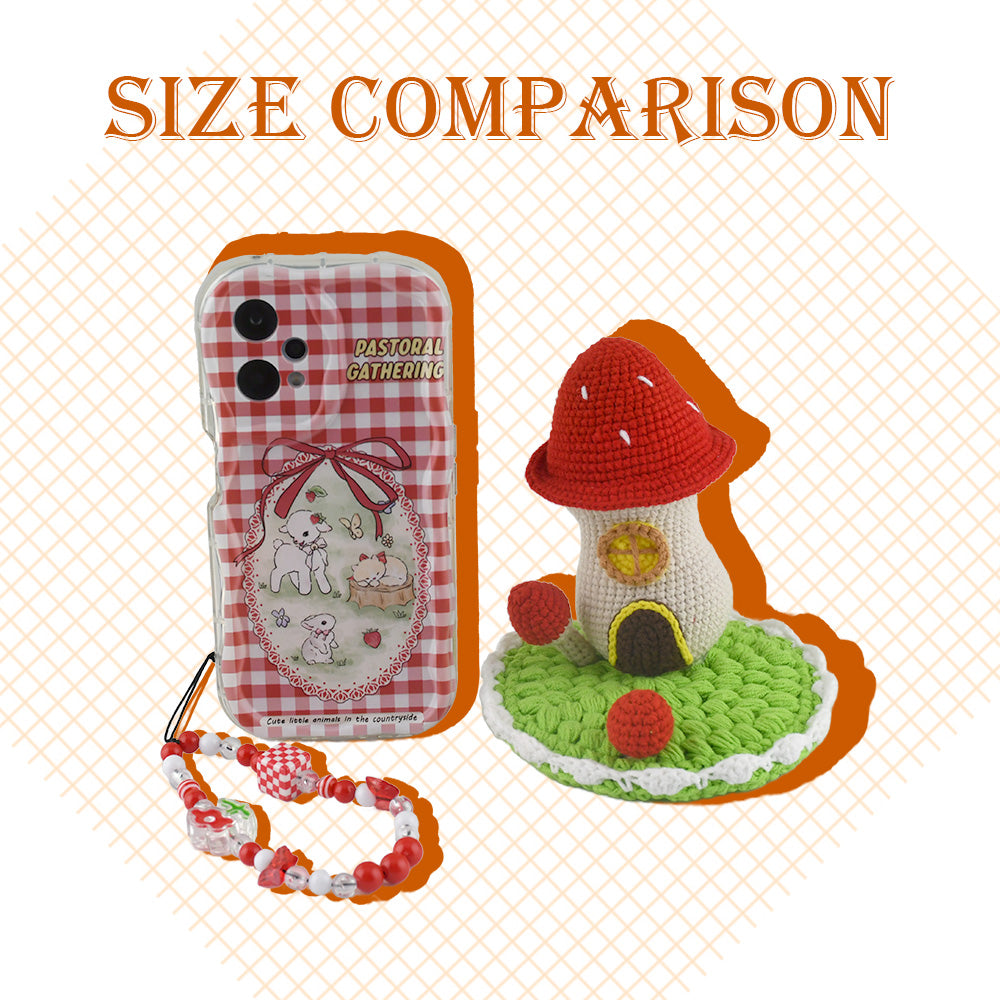 Decorative crochet toadstool cottage featuring bright red cap with white dots, beige body, and green circular base
