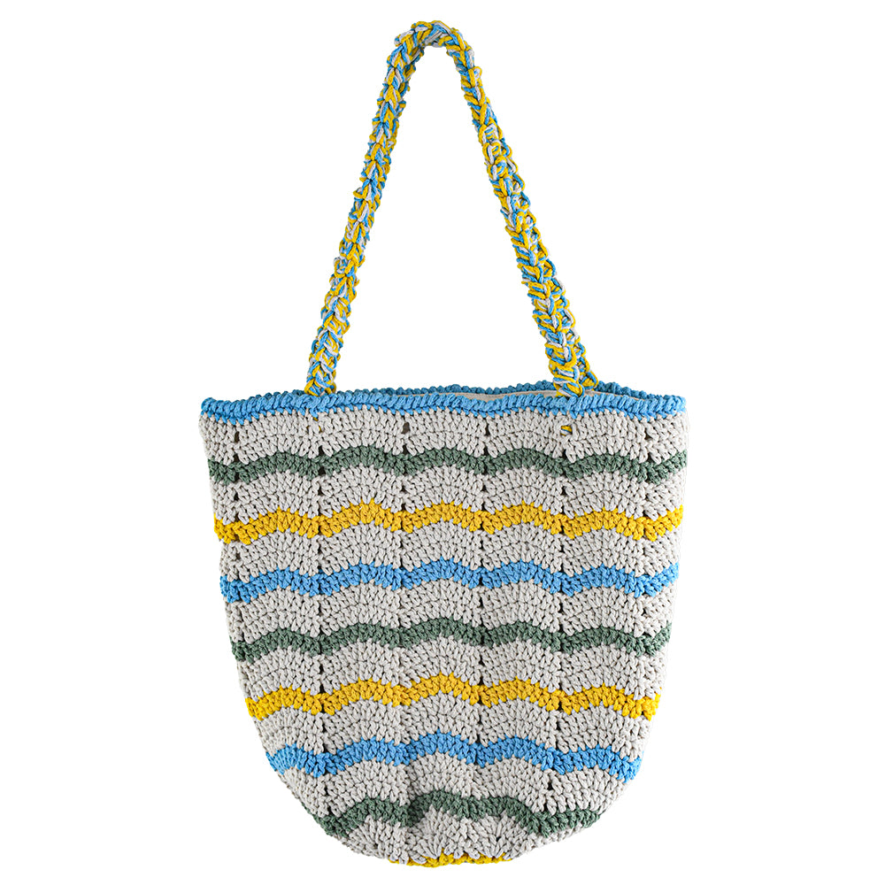 Handwoven crochet tote bag with colorful wave patterns in blue, yellow, green, and cream. Features a braided handle and lightweight, eco-friendly design. Perfect for everyday use, shopping, or beach trips.