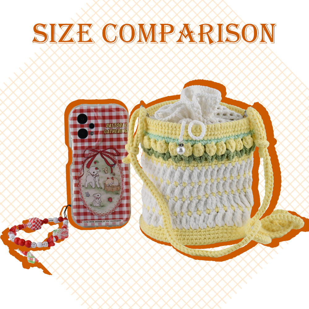 Handmade crochet bucket bag in white and yellow with pearl details, drawstring closure and adjustable shoulder strap
