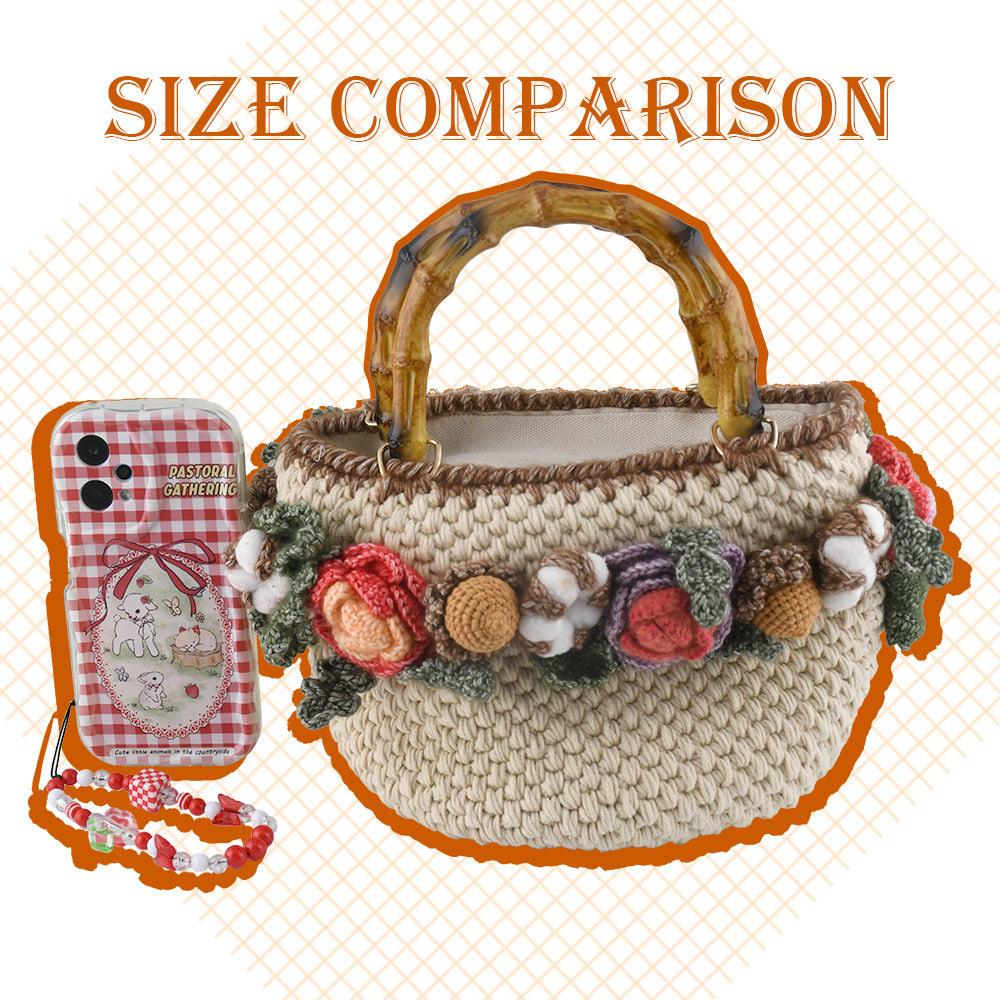Handwoven cotton tote bag with bamboo handles, decorated with crochet flowers in pink, coral, purple and white cotton blooms, natural beige base
