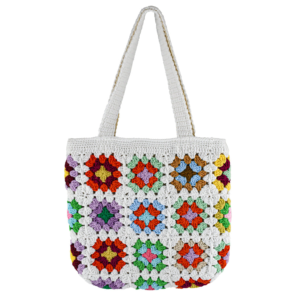 Handwoven colorful tote bag with classic square patchwork design, featuring vibrant colors and soft fabric handles, perfect for daily use or shopping.