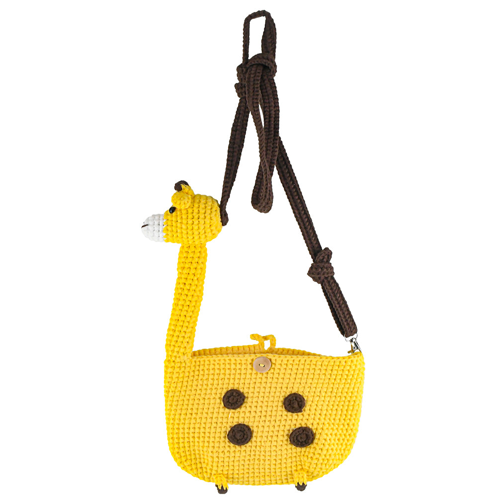 Yellow handwoven cartoon backpack made of soft knit fabric, featuring brown dot accents, a brown strap, and a cute animal-shaped zipper design.