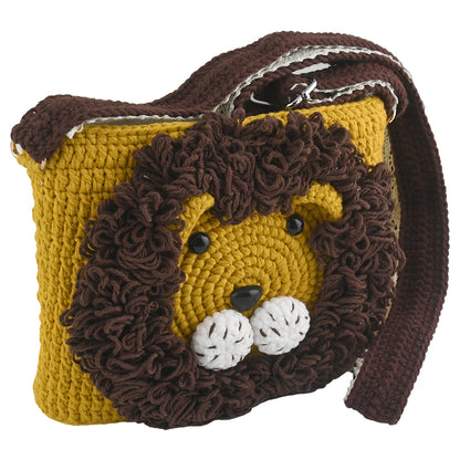 Handmade crochet lion face shoulder bag with a unique and adorable design, featuring yellow, brown, and white colors, lightweight and durable, perfect for animal lovers and creative fashion styles.