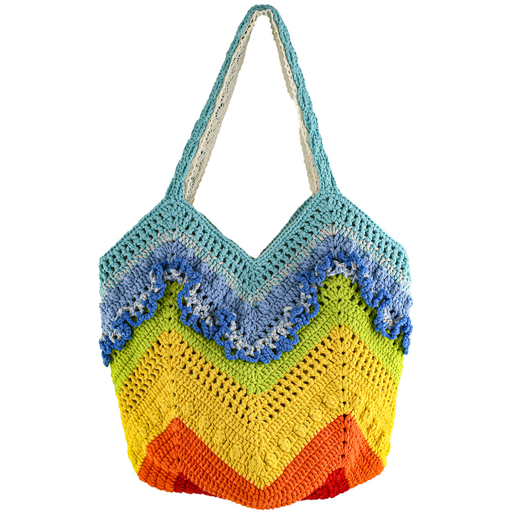 Handmade crochet tote bag with a vibrant rainbow wave pattern. Features eco-friendly yarn, spacious design, and soft fabric handles. Perfect for shopping, beach trips, or casual outings