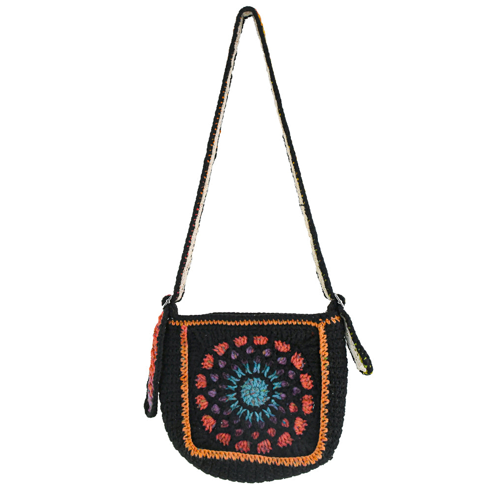 Handmade crochet shoulder bag featuring a Dunhuang-inspired mandala pattern in vibrant colors, with an adjustable strap and flap closure.