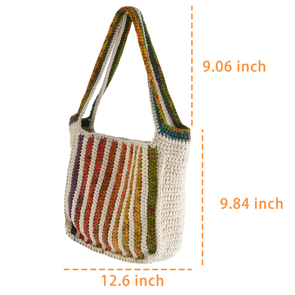 Handmade crochet tote bag featuring a natural cream base with colorful rainbow stripes. The bag has a spacious design with matching rainbow-accented shoulder straps, perfect for casual outings, shopping, or beach trips