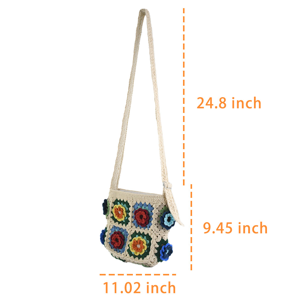 Handmade crochet tote bag featuring a colorful 3D floral design. Beige base with red, blue, green, and yellow flower accents. Lightweight, spacious, and perfect for shopping or casual outings.