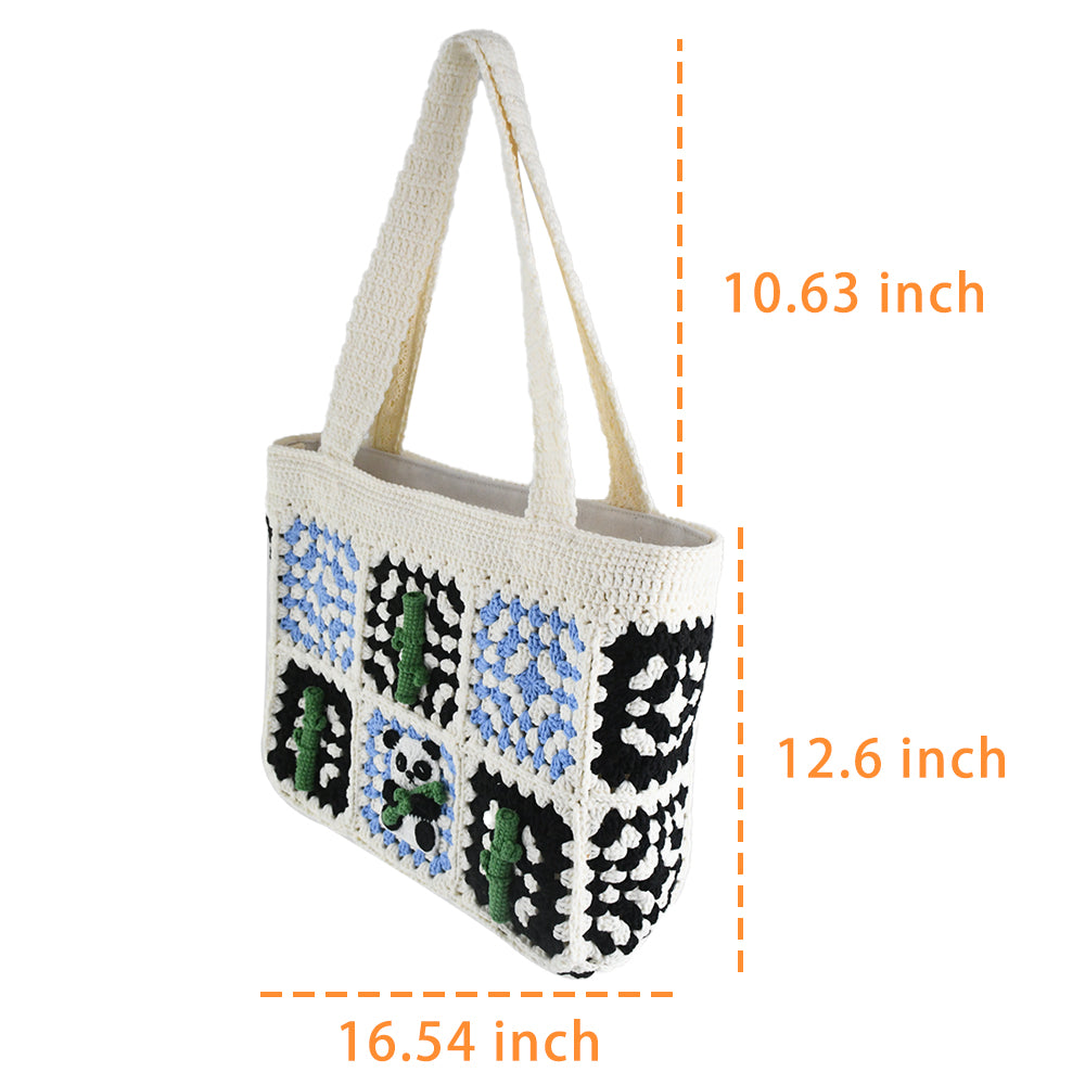 Handmade crochet tote bag featuring a panda design with bamboo patterns, blue and black square details, and a soft white base. Perfect for casual outings or eco-friendly shopping.