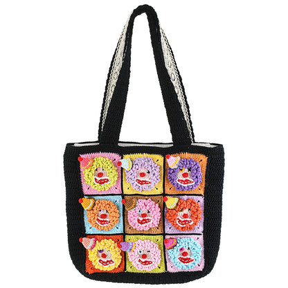 Handmade black crochet tote bag featuring colorful 3D clown patchwork squares, with a lightweight and durable design. Perfect for shopping, daily use, or gifting.