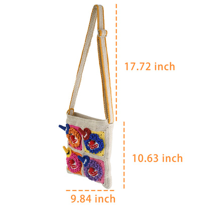 Handmade crochet shoulder bag with colorful 3D clown face patterns, featuring a beige base and vibrant multicolored details. Lightweight, artistic, and perfect for casual outings or as a unique gift.