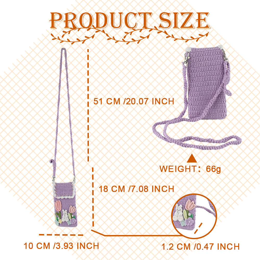 Purple crochet phone pouch with pink tulips, white bunny, and pastel flowers, featuring braided shoulder strap
