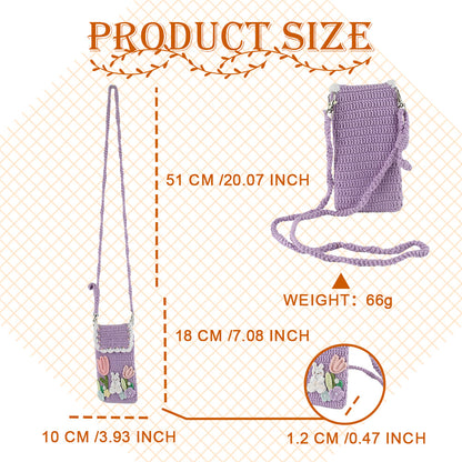 Purple crochet phone pouch with pink tulips, white bunny, and pastel flowers, featuring braided shoulder strap

