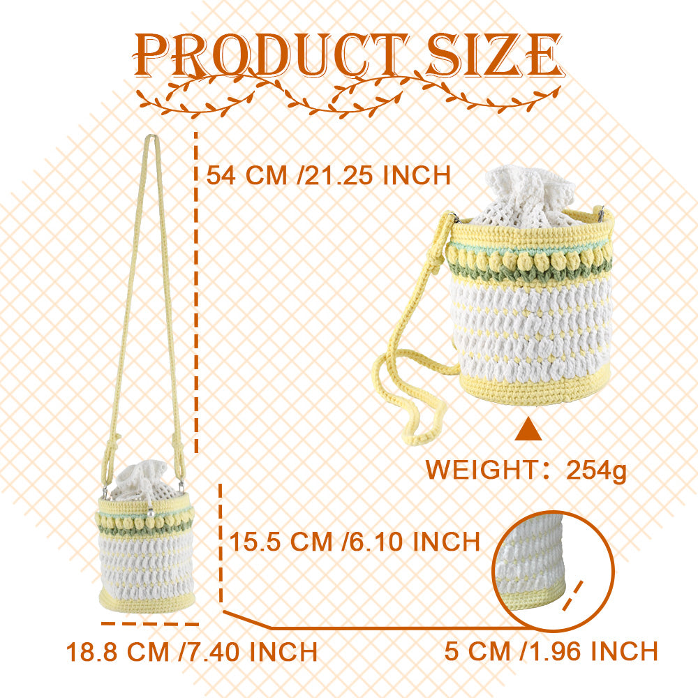 Handmade crochet bucket bag in white and yellow with pearl details, drawstring closure and adjustable shoulder strap
