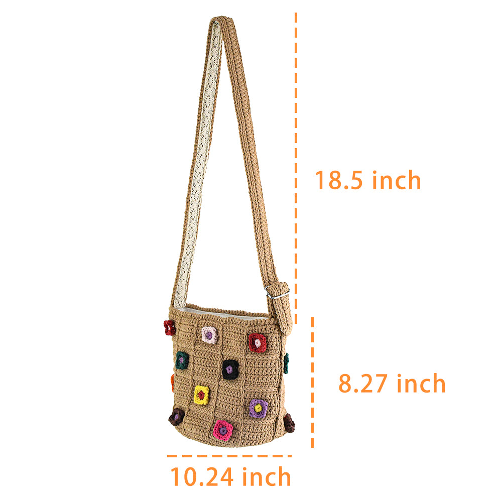 Handmade crochet shoulder bag with a beige base and colorful 3D floral square patterns. Features a soft adjustable strap and spacious interior, perfect for daily use, shopping, or travel.