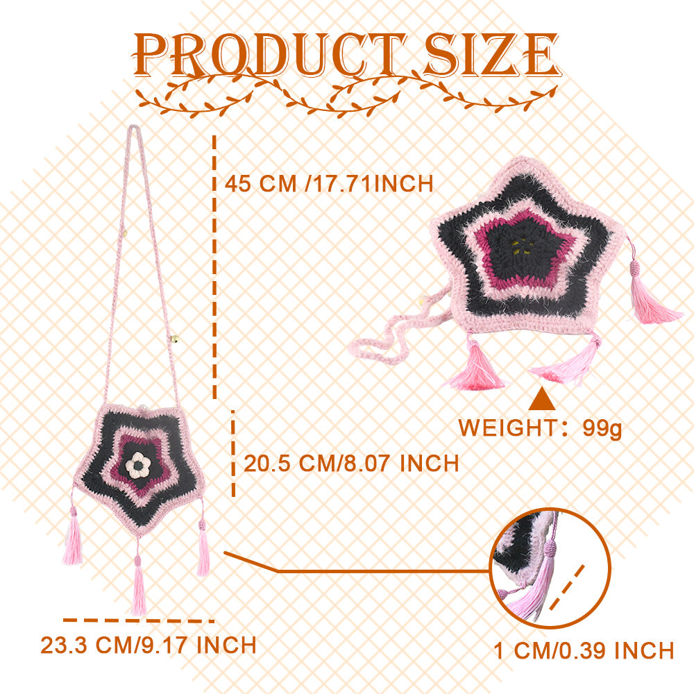 Handmade star-shaped crochet bag in pink and black with three pink tassels, white flower center, and braided shoulder strap
