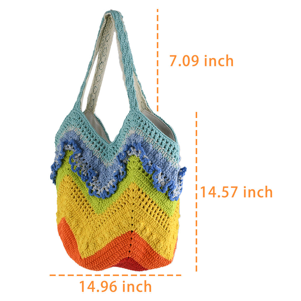 Handmade crochet tote bag with a vibrant rainbow wave pattern. Features eco-friendly yarn, spacious design, and soft fabric handles. Perfect for shopping, beach trips, or casual outings