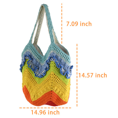 Handmade crochet tote bag with a vibrant rainbow wave pattern. Features eco-friendly yarn, spacious design, and soft fabric handles. Perfect for shopping, beach trips, or casual outings