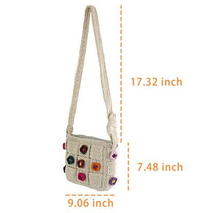 Handmade crochet shoulder bag with beige base and colorful floral accents, featuring a woven adjustable strap and a unique patchwork design. Lightweight and perfect for casual outings or daily use.