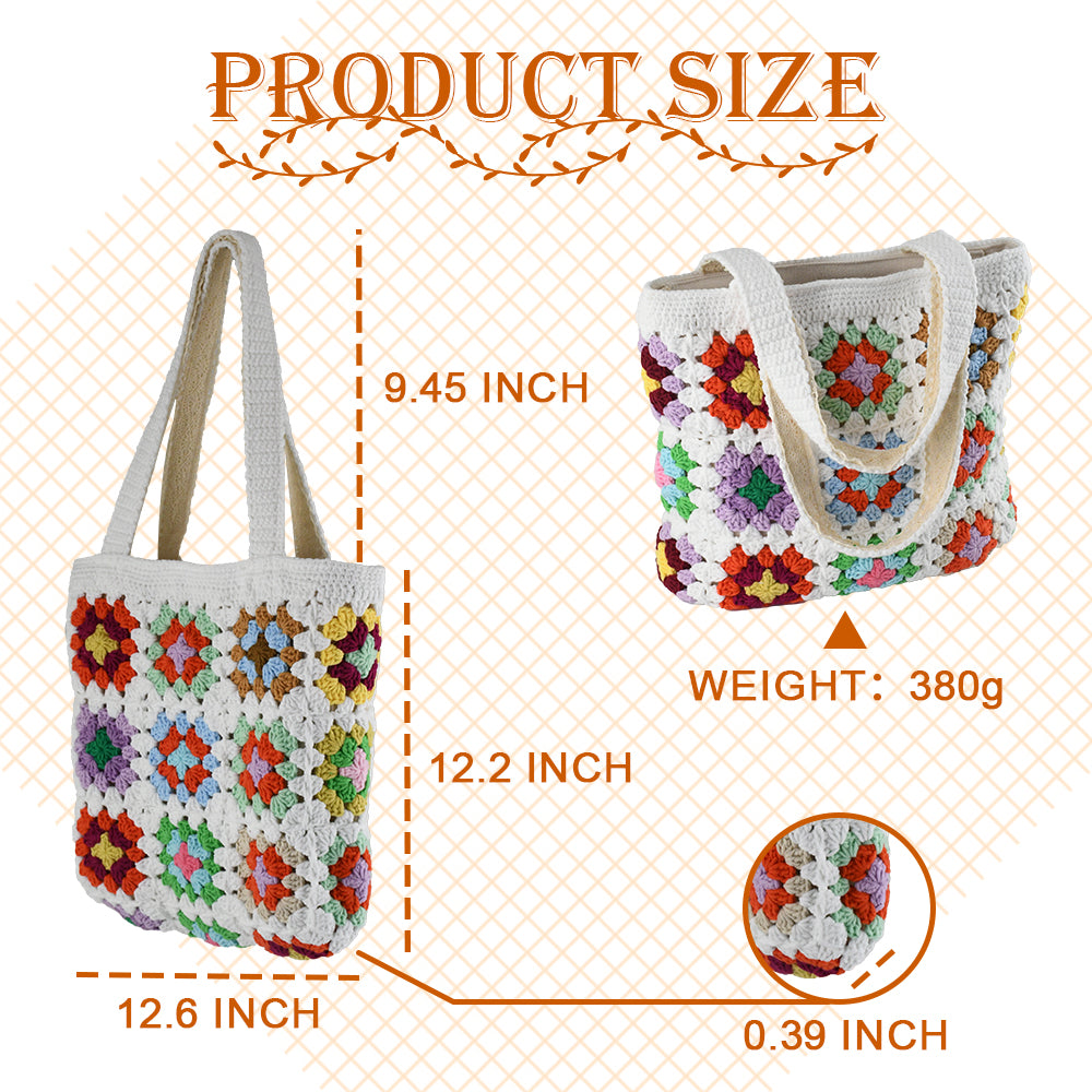 Handwoven colorful tote bag with classic square patchwork design, featuring vibrant colors and soft fabric handles, perfect for daily use or shopping.