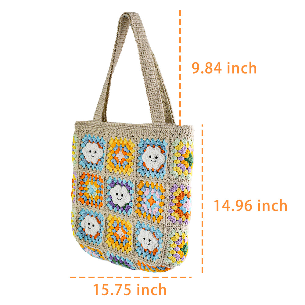 Handmade crochet tote bag with smiling cloud motifs and colorful patchwork squares in beige, yellow, blue, orange, and purple. Lightweight, eco-friendly, and spacious design, perfect for daily use or casual outings.