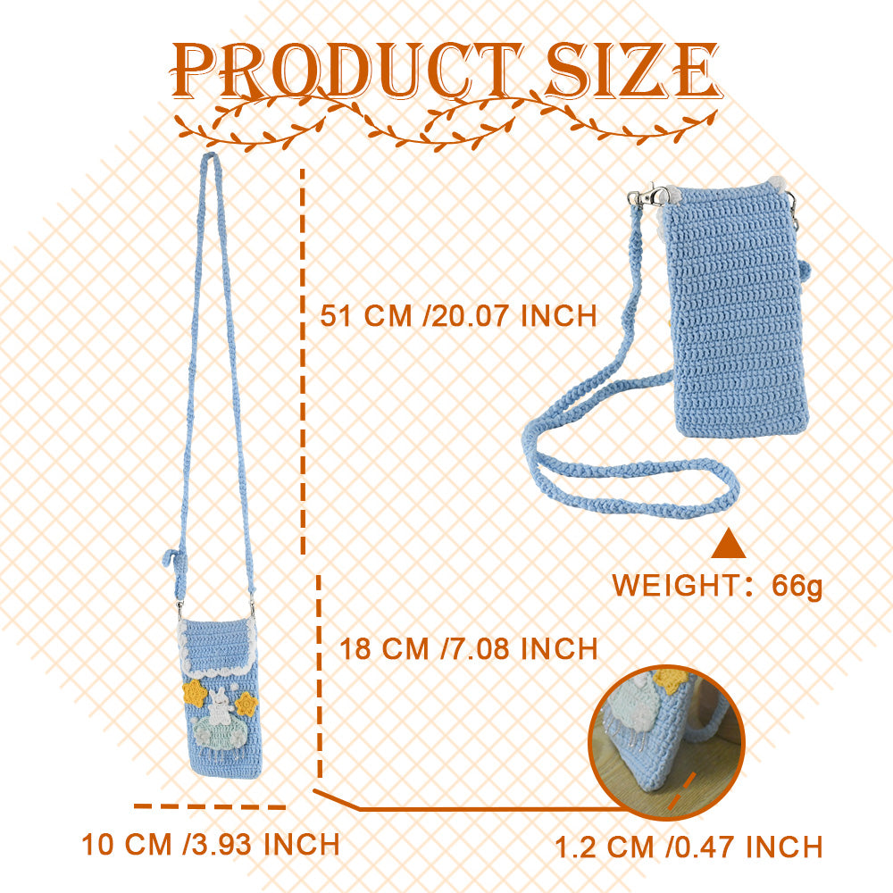 Handmade crochet phone crossbody bag in baby blue with white bunny on mint cloud applique and yellow stars, featuring scalloped white trim and braided strap
