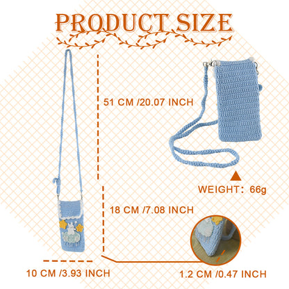 Handmade crochet phone crossbody bag in baby blue with white bunny on mint cloud applique and yellow stars, featuring scalloped white trim and braided strap
