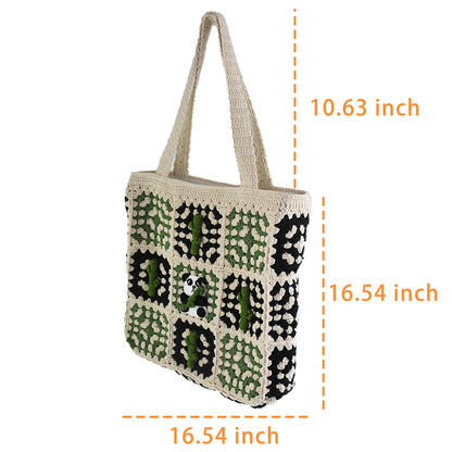 Handmade crochet patchwork bag with a beige, green, and black design. Features a cute panda and bamboo pattern in the center, vintage style, lightweight, and practical for shopping, travel, or daily use.