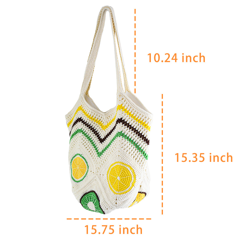 Handmade crochet tote bag with vibrant citrus patterns, featuring a beige base and colorful yellow, green, and brown details. Lightweight, eco-friendly, and perfect for summer beach outings or daily use.