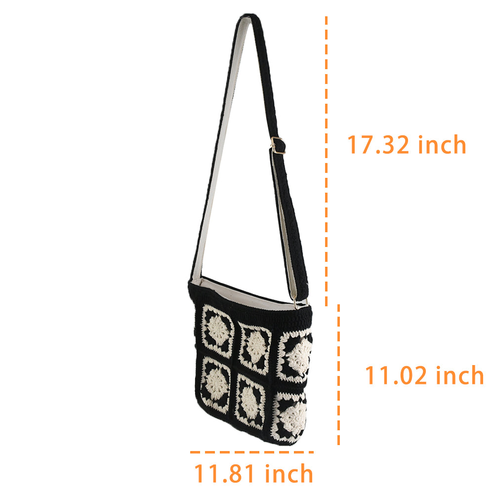 Handmade crochet crossbody bag with a black and white patchwork design, featuring square floral patterns, an adjustable strap, and a soft, lightweight texture.