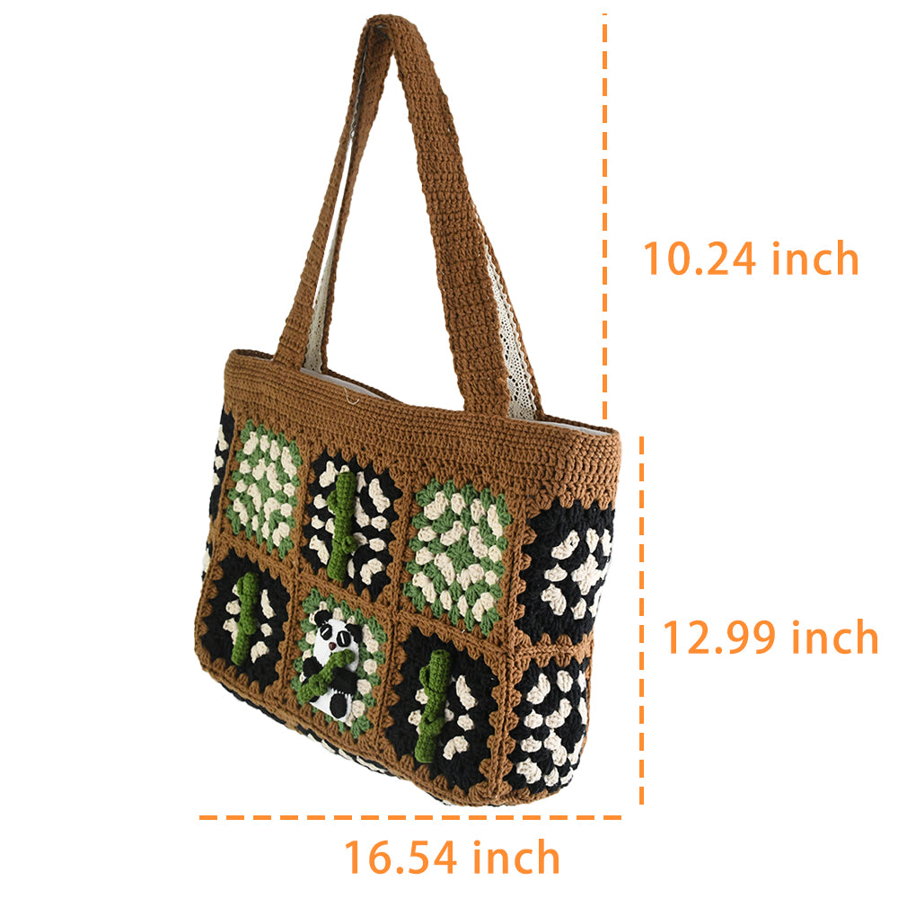 Handmade crochet patchwork bag with a brown base, black, green, and white patterns, featuring a panda and bamboo design in the center. Vintage style, eco-friendly, and lightweight, ideal for shopping or daily use.