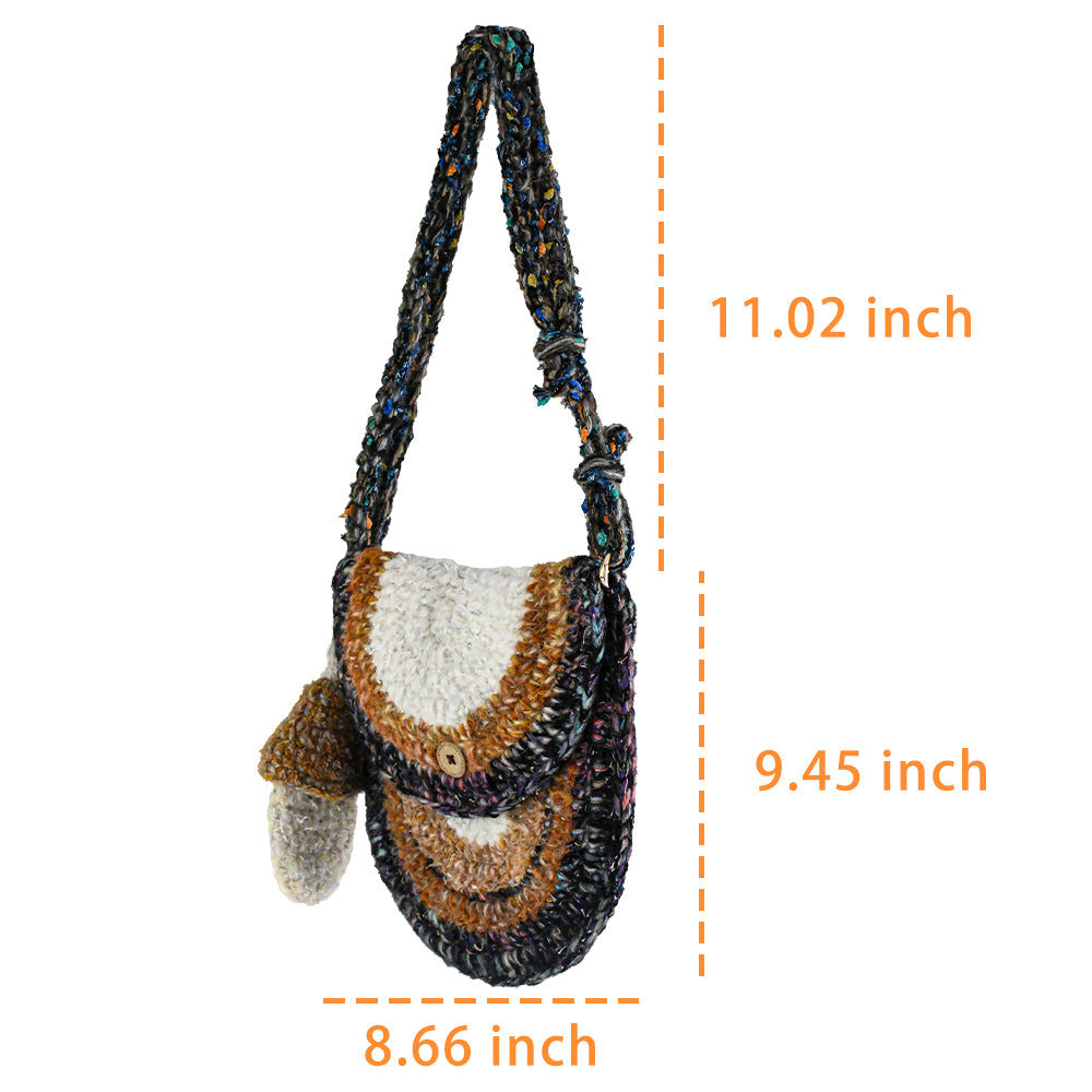 Handmade crochet crossbody bag with earthy tones, featuring a unique mushroom charm, semi-circle flap design, and durable woven strap. Lightweight and eco-friendly, perfect for boho and vintage-inspired styles.