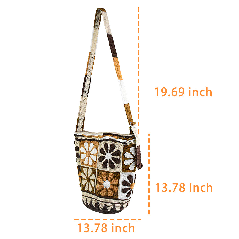 Handmade crochet shoulder bag with retro floral square patterns in earthy tones of brown, beige, and white. Features a long adjustable strap and a spacious bucket-style design, perfect for casual outings or shopping.