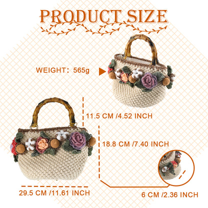 Handwoven cotton tote bag with bamboo handles, decorated with crochet flowers in pink, coral, purple and white cotton blooms, natural beige base
