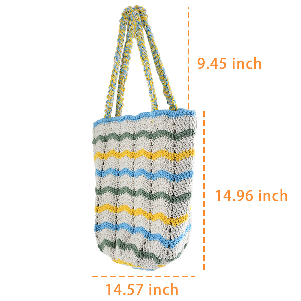 Handwoven crochet tote bag with colorful wave patterns in blue, yellow, green, and cream. Features a braided handle and lightweight, eco-friendly design. Perfect for everyday use, shopping, or beach trips.