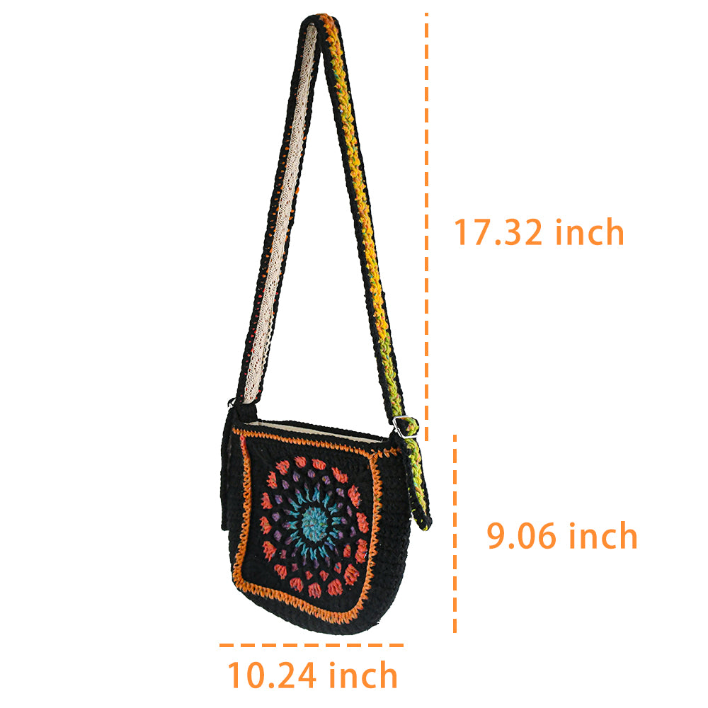 Handmade crochet shoulder bag featuring a Dunhuang-inspired mandala pattern in vibrant colors, with an adjustable strap and flap closure.