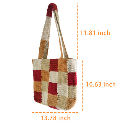 Handcrafted crochet tote bag with a checkered pattern in warm tones of red, beige, orange, and cream. Lightweight, durable, and spacious, perfect for daily use or shopping trips.